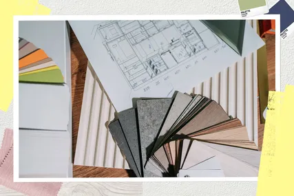 A collection of interior design materials including color swatches textures and a floor plan